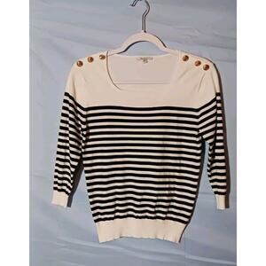 Vila Milano Sweater Women's XS White Black Striped Knit with Anchor Buttons